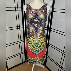 Joseph Ribkoff Sleeveless Paisley Sheath Midi Red Green Colorful Dress Size 10
